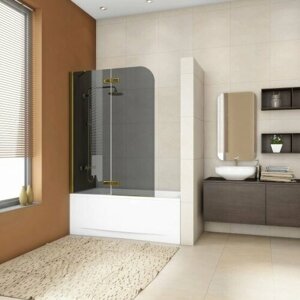 Шторка на ванну GWMPTRPL862AP-88 140x160 см, профиль золотой металлик, цвет стекла графитовый, стекло закаленное 8 мм, открывание двери левое / правое