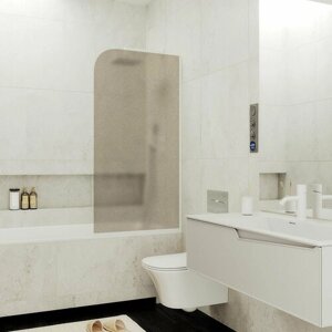 Стеклянная шторка на ванну 1400Х540, узкий профиль белый, стекло бронза матовая