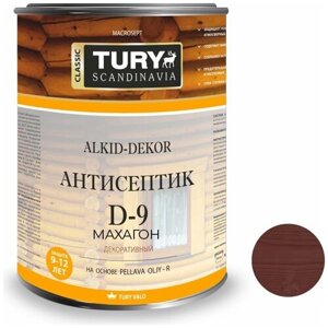 Строительная пропитка-антисептик TURY D-9 Alkid-Dekor на основе льняного масла для дерева и деревянных изделий, для фасада оттенок Махагон, 0.8 л