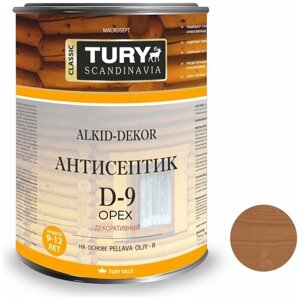 Строительная пропитка-антисептик TURY D-9 Alkid-Dekor на основе льняного масла для дерева и деревянных изделий, для фасада оттенок Орех, 0.8 л