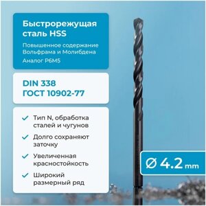 Сверло по металлу NORGAU Industrial, HSS с парооксидированной обработкой и шлифованным профилем, спиральное, DIN338, 4.2 мм