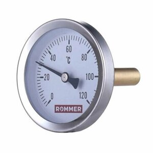 Термометр биметаллический аксиальный ROMMER RIM-0001 - 1/2"D100мм, шкала 0-120°C, с гильзой 75 мм)