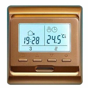 Терморегулятор/термостат программируемый Е51, золотого цвета, ЖК дисплей, датчики пола и воздуха, для всех типов теплых полов