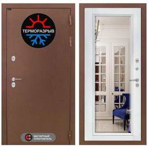 Входная дверь металлическая для дома TERMOMAGNIT с терморазрывом с внутренней панелью с зеркалом фацет-белый софт, размер по коробке 960х2050, правая