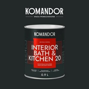 Влагостойкая полуматовая краска KOMANDOR Interior Bath&Kitchen 20 для кухни и ванной белая 0,9 л.