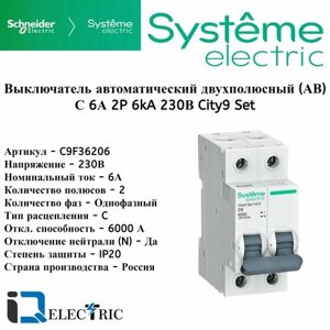 Выключатель автоматический 2P Тип-С 6А 6kA City9 Set Systeme Electric C9F36206