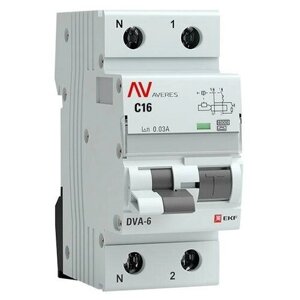 Выключатель автоматический дифференциального тока 2п C 16А 30мА тип A 6кА DVA-6 Averes | код. rcbo6-1pn-16C-30-a-av | EKF (3шт. в упак.)