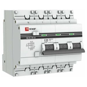 Выключатель автоматический дифференциального тока 3п+N C 25А 300мА тип AC 4.5кА АД-32 PROxima EKF DA32-25-300-4P-pro, 1шт