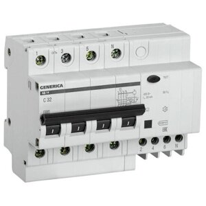 Выключатель автоматический дифференциального тока 4п 32А 30мА АД14 GENERICA ИЭК MAD15-4-032-C-030, 1шт