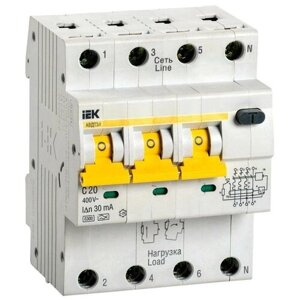Выключатель автоматический дифференциального тока 4п C 20А 30мА тип A 6кА АВДТ-34 IEK MAD22-6-020-C-30 (6шт. в упак.)