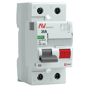 Выключатель дифференциального тока (УЗО) 2п 25А 30мА тип AC DV AVERES | код. rccb-2-25-30-ac-av | EKF (8шт. в упак.)