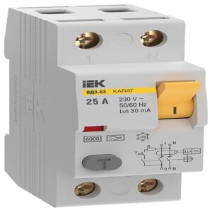 Выключатель дифференциальный (УЗО) KARAT ВД3-63 2P 25А 30мА 6кА тип AC | код MDV20-2-025-030 | IEK (4шт. в упак.)