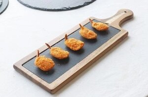 Блюдо для подачи прямоугольное 45*15см с ручкой, сланец, на деревянной подставке MGProf | WB-003