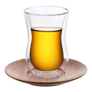 Стакан для чая 150мл термостекло + блюдце бамбук (набор 6шт) P. L. Proff Cuisine | G-MC7615-T12B