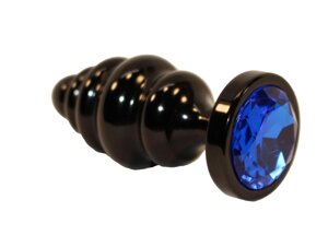 4Sexdream чёрная фигурная металлическая анальная пробка с кристаллом в основании, 8.2х3.5 см (синий)