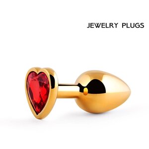 Anal Jewelry Plug - Золотистая анальная пробка с красным стразом-сердечком, 8х3.4 см (красный)