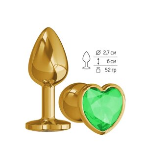 Анальная втулка с зеленым кристаллом сердце, 7 см (золотой)