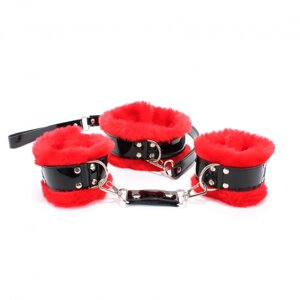 BDSM Light набор БДСМ аксессуаров с красным мехом и лакированными ремнями - наручники и ошейник с поводком