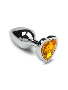 Маленькая серебристая анальная пробка с кристаллом в виде сердечка - Пикантные Штучки, 6х2.5 см (оранжевый)