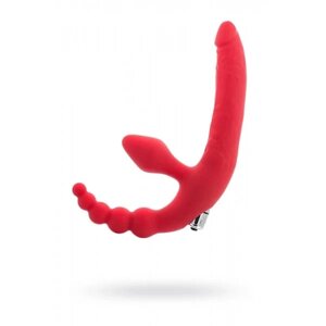 ToyFa - Безремневой страпон с вибрацией и анальным отростком, 15х3 см (красный)