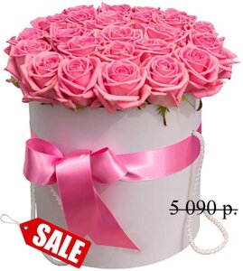 Белая Шляпная Коробка из 25 Розовых Роз с Розовой лентой