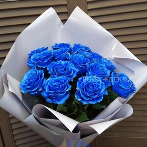 Букет Синих Роз в Серой Матовой упаковке LUX