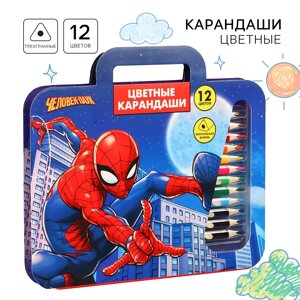 Цветные карандаши, 12 цветов, трехгранные, человек-паук