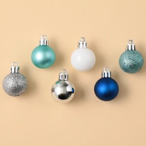 Ёлочные шары новогодние, на новый год, пластик, d-3 см, 16 шт, цвета синий, серебристый, голубой и белый