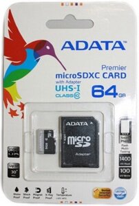 Карта памяти A-data microsdhc class 10 64GB (AUSDX64GUICL10-RA1)+ SD adapter