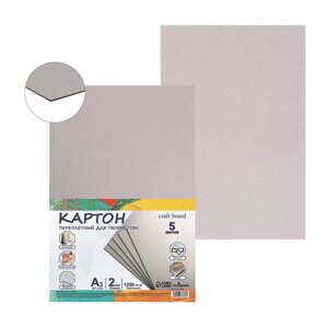 Картон переплетный а3 (297 х 420 мм), набор 5 листов, 2.0 мм, 1250 г/м2, серый, в пакете, calligrata