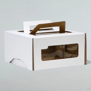 Коробка под торт 2 окна, с ручками, белая, 21 х 21 х 11 см