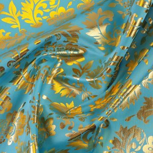 Лоскут для рукоделия, атлас, золотой узор на голубом, 50 75 см