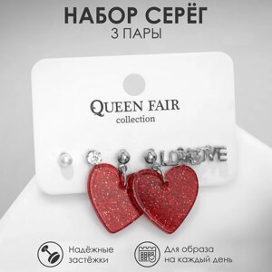 Набор 3 пары серег love сердечки, цвет бело-красный в серебре