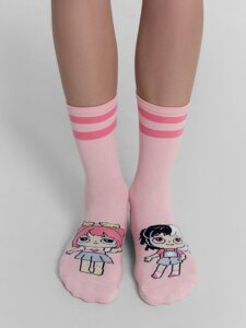 Носки детские розовые с рисунком в виде кукол
