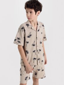 Рубашка для мальчиков бежево-серая с пальмами
