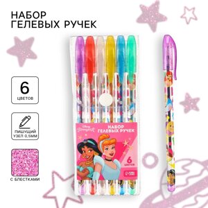 Ручка шариковая с блестками, 6 цветов, принцессы