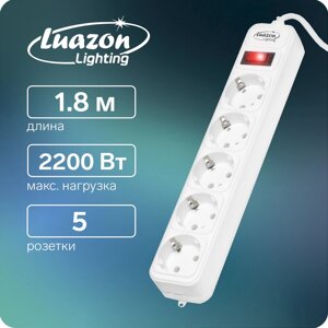 Сетевой фильтр luazon lighting, 5 розеток, 1.8 м, 2200 вт, 3 х 0.75 мм2, 10 а, 220 в, белый