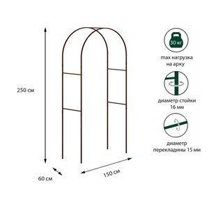 Арка садовая, стальные трубы d = 15, 250 150 60 см, цвет коричневый