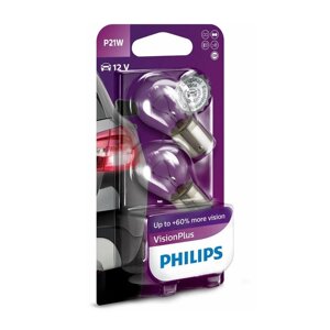 Автолампа Philips Vision Plus +50%P21W, BA15s, 12 В, 12498 VP B2, набор 2 шт