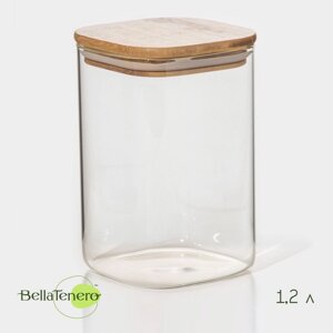 Банка стеклянная для сыпучих продуктов с бамбуковой крышкой BellaTenero «Эко. Квадратная», 1,2 л, 1015,5 см