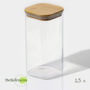 Банка стеклянная для сыпучих продуктов с бамбуковой крышкой BellaTenero «Эко. Квадратная», 1,5 л, 1021 см