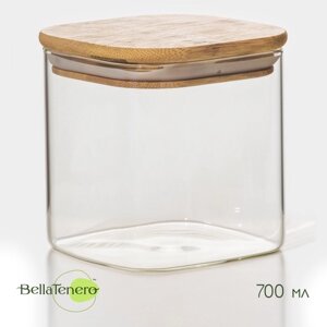 Банка стеклянная для сыпучих продуктов с бамбуковой крышкой BellaTenero «Эко. Квадратная», 700 мл, 1010,5 см