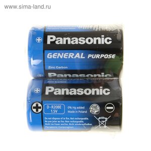 Батарейка солевая Panasonic General Purpose, D, R20-2S, 1.5В, спайка, 2 шт.