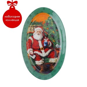 Блюдо стеклянное овальное Доляна «Счастливый Санта», 24,515 см