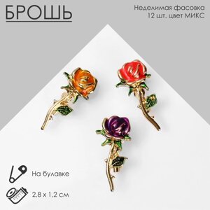 Брошь "Роза" с листьями, цвет МИКС в золоте (неделимая фасовка 12 шт., цена за шт.)