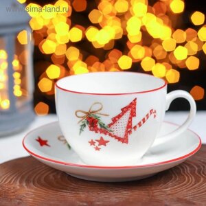 Чайная пара фарфоровая Доляна «Счастливого Нового Года», 2 предмета: чашка 280 мл, блюдце d=15 см