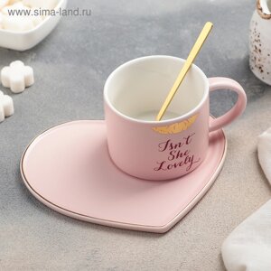 Чайная пара керамическая с ложкой «Поцелуй», 2 предмета: кружка 200 мл, тарелка 15,513,5 см, цвет МИКС