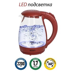 Чайник электрический Econ ECO-1739KE, 2200 Вт, стекло, 1,7 л, цвет бордовый