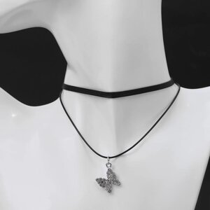 Чокер "Двойной" с нитью, бабочка, бело-чёрный в серебре, L=32 см