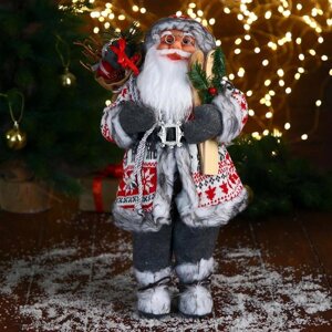 Дед Мороз "В бело-красной шубке с ремешком, с лыжами" 45 см